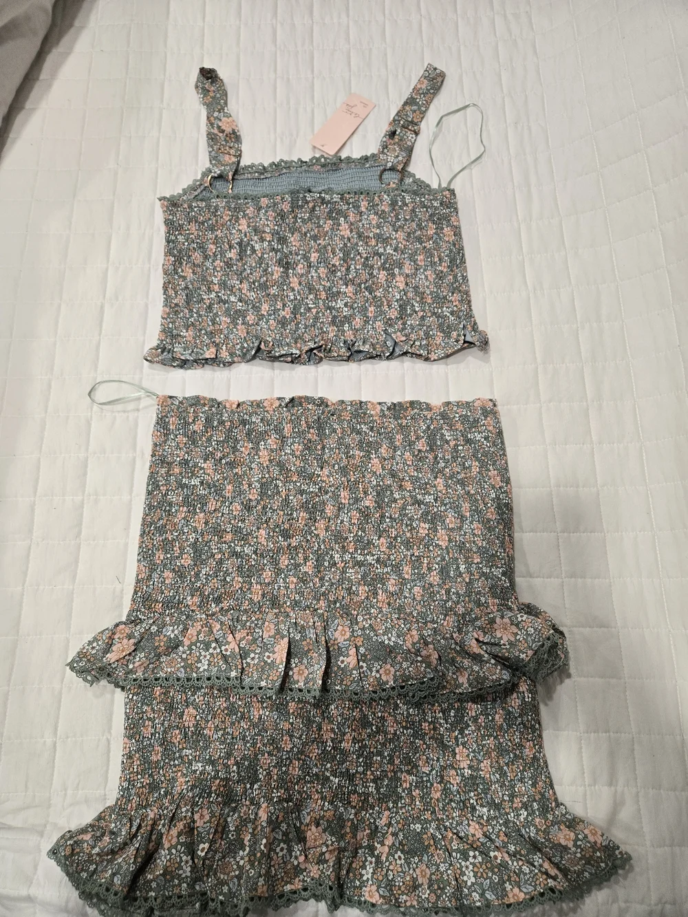 Floral Smocked Crop Top & Skirt Set - Green/Pink
